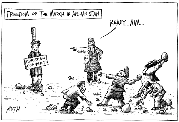 Editorial Cartoon by Tony Auth, Philadelphia Inquirer on Christian Convert Sentenced to Death
