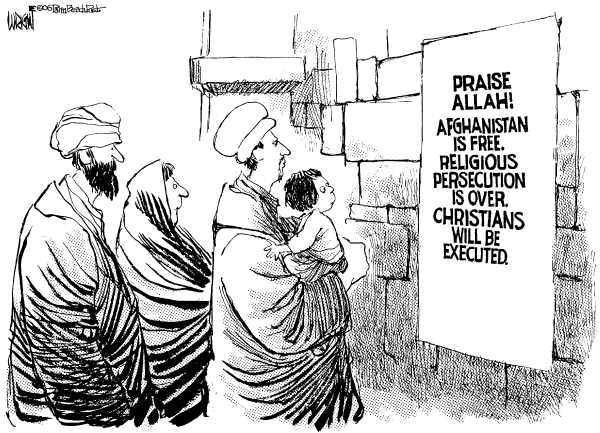 Editorial Cartoon by Don Wright, Palm Beach Post on Christian Convert Sentenced to Death