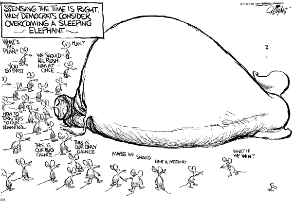 Editorial Cartoon by Pat Oliphant, Universal Press Syndicate on Democrats Consider Action