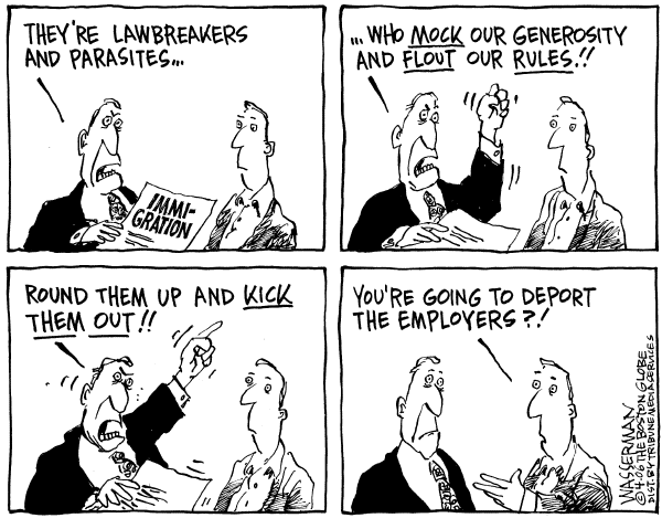 Editorial Cartoon by Dan Wasserman, Boston Globe on Congress Debates Immigration Reform