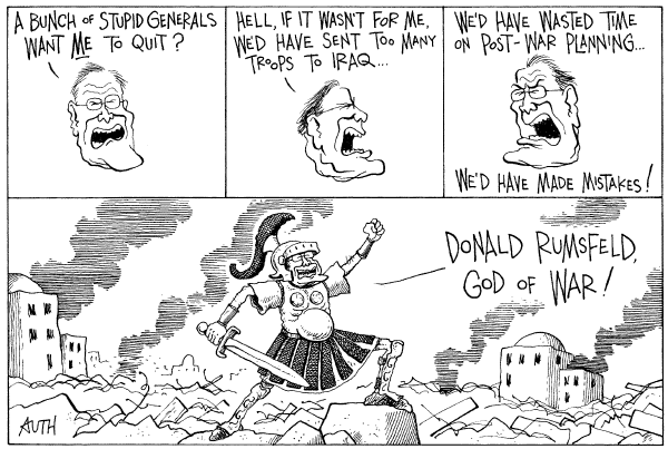 Editorial Cartoon by Tony Auth, Philadelphia Inquirer on Pressure Mounts on Rumsfeld