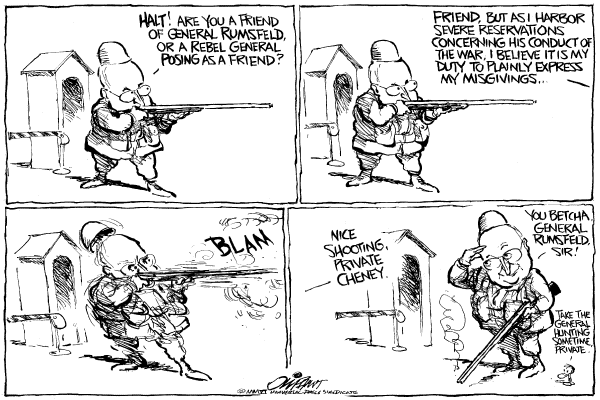 Editorial Cartoon by Pat Oliphant, Universal Press Syndicate on Pressure Mounts on Rumsfeld