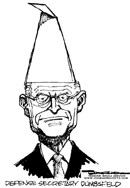 Editorial Cartoon by Paul Conrad, Tribune Media Services on Rumsfeld Stays Put