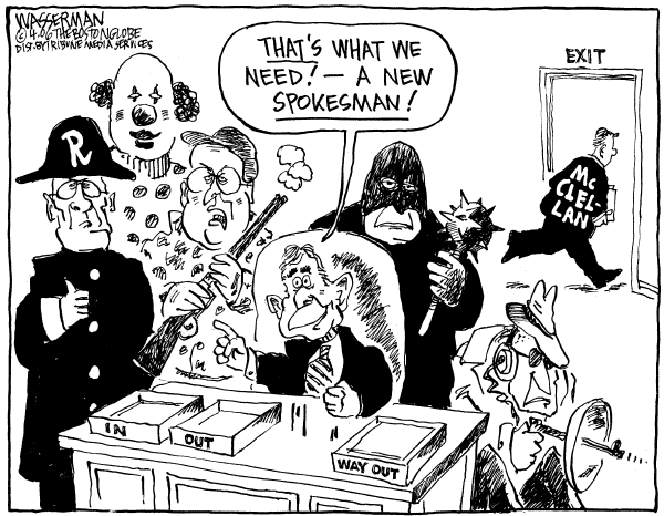 Editorial Cartoon by Dan Wasserman, Boston Globe on New White House Staff Takes Shape