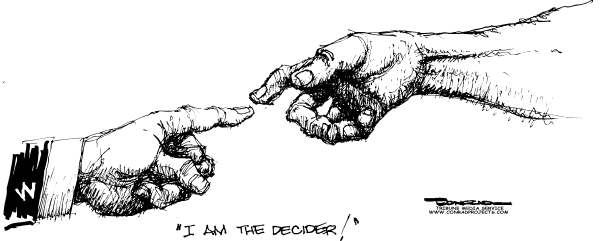 Editorial Cartoon by Paul Conrad, Tribune Media Services on President Refuses to Back Down