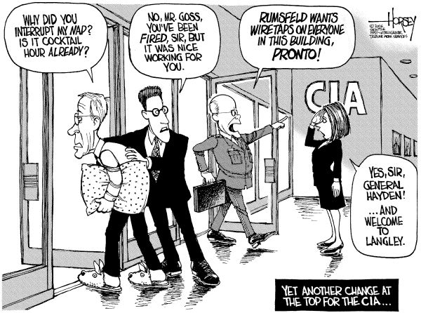 Editorial Cartoon by David Horsey, Seattle Post-Intelligencer on General to Replace Fired CIA Chief