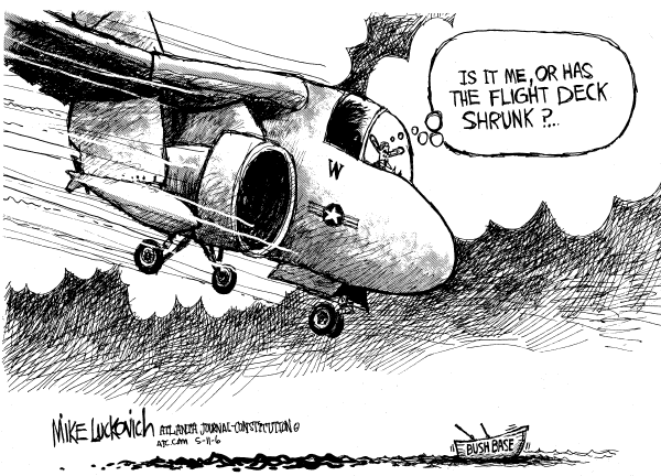 Editorial Cartoon by Mike Luckovich, Atlanta Journal-Constitution on President Defends Policies