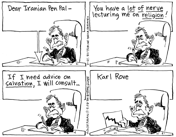 Editorial Cartoon by Dan Wasserman, Boston Globe on President Defends Policies