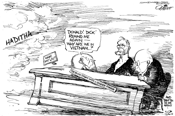 Editorial Cartoon by Pat Oliphant, Universal Press Syndicate on Marines Massacre Iraqi Civilians