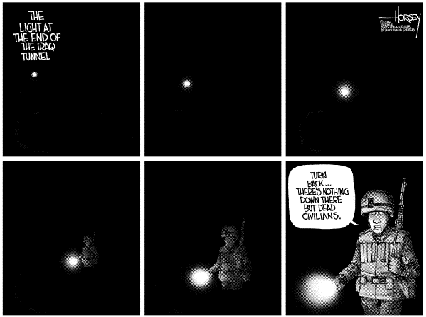 Editorial Cartoon by David Horsey, Seattle Post-Intelligencer on No Wrongdoing by Marines Found Yet