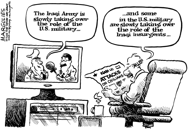 Editorial Cartoon by Jimmy Margulies, The Record, New Jersey on No Wrongdoing by Marines Found Yet