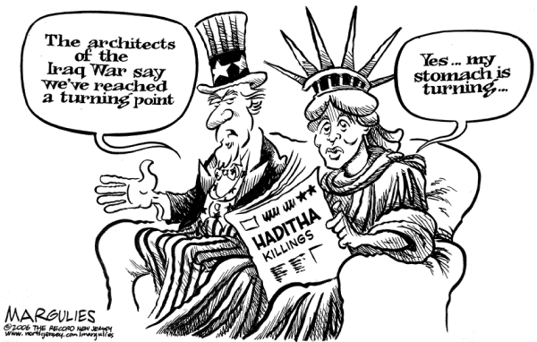 Editorial Cartoon by Jimmy Margulies, The Record, New Jersey on No Wrongdoing by Marines Found Yet