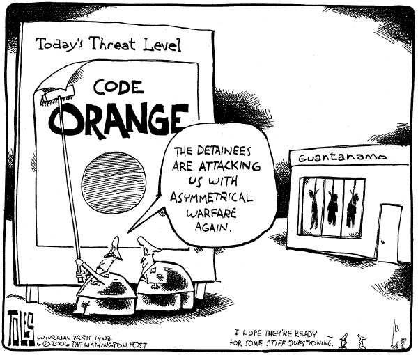 Editorial Cartoon by Tom Toles, Washington Post on Guantanamo Prisoners Commit Suicide
