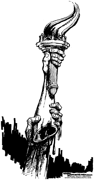 Editorial Cartoon by Paul Conrad, Tribune Media Services on Guantanamo Prisoners Commit Suicide