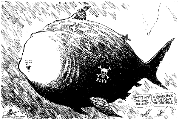 Editorial Cartoon by Pat Oliphant, Universal Press Syndicate on Rove Not to Be Indicted