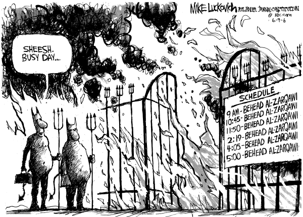 Editorial Cartoon by Mike Luckovich, Atlanta Journal-Constitution on Zarqawi Killed, Turning Point at Hand