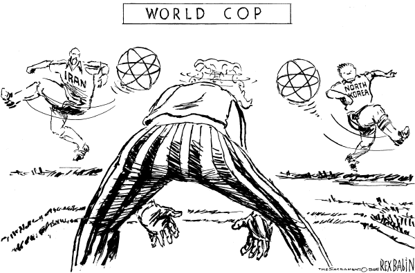 Editorial Cartoon by Rex Babin, Sacramento Bee on Evil Axis Pressuring US