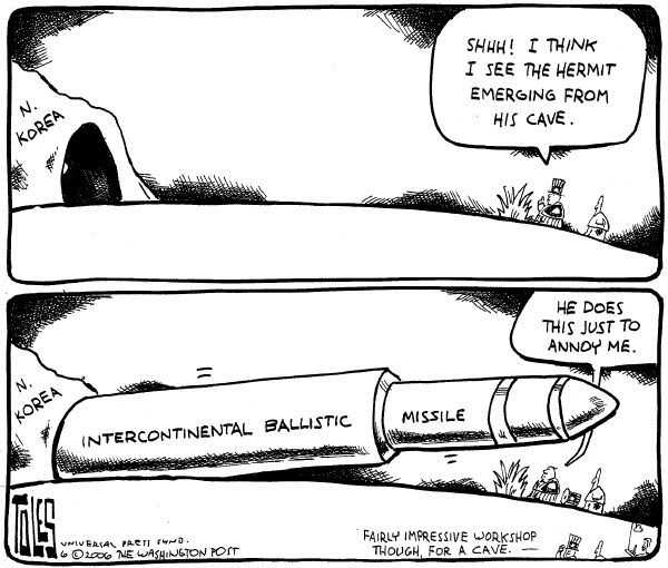 Editorial Cartoon by Tom Toles, Washington Post on Evil Axis Pressuring US