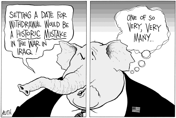 Editorial Cartoon by Tony Auth, Philadelphia Inquirer on GOP Blasts Demos on Iraq