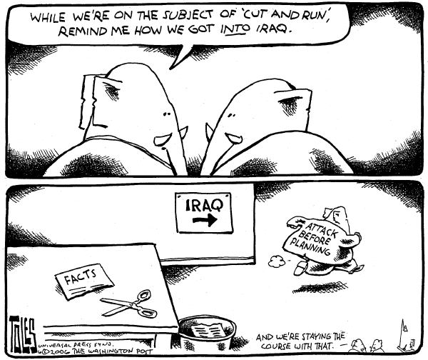 Editorial Cartoon by Tom Toles, Washington Post on GOP Blasts Demos on Iraq