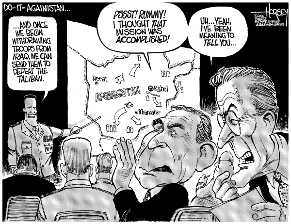 Editorial Cartoon by David Horsey, Seattle Post-Intelligencer on Iraq Explodes, Afghanistan on the Verge