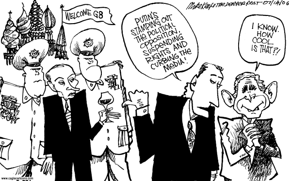 Editorial Cartoon by Mike Keefe, Denver Post on G8 Summit Impacted by Conflict