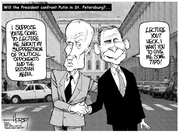 Editorial Cartoon by David Horsey, Seattle Post-Intelligencer on G8 Summit Impacted by Conflict