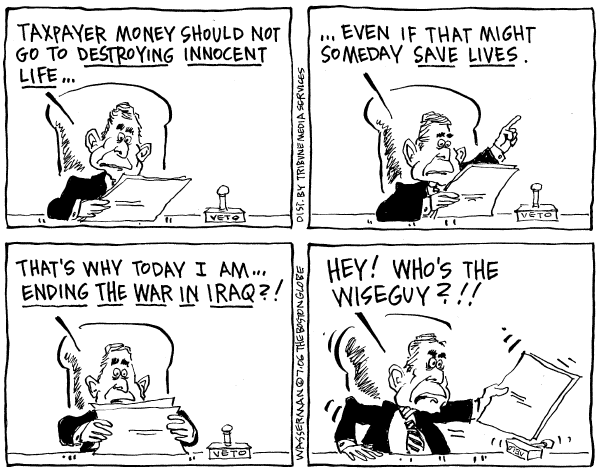 Editorial Cartoon by Dan Wasserman, Boston Globe on Bush Vetoes Stem Cell Bill