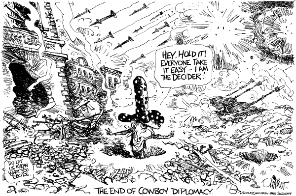 Editorial Cartoon by Pat Oliphant, Universal Press Syndicate on US Stays on Mideast Sidelines