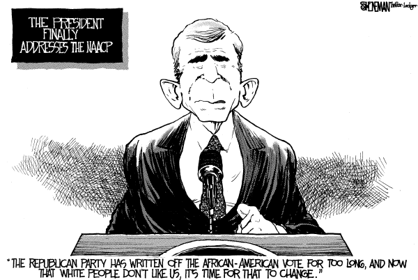 Editorial Cartoon by Drew Sheneman, Newark Star Ledger on NAACP Welcomes President