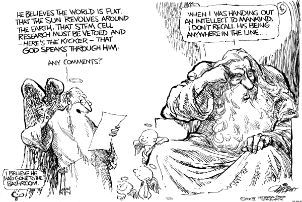 Editorial Cartoon by Pat Oliphant, Universal Press Syndicate on Bush Vetoes Stem Cell Bill