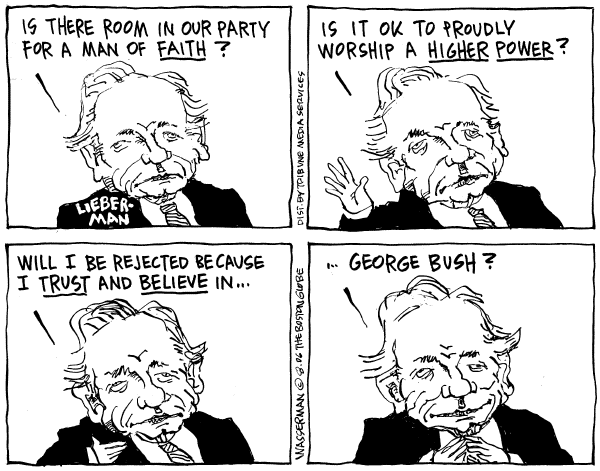 Editorial Cartoon by Dan Wasserman, Boston Globe on Lamont Defeats Lieberman