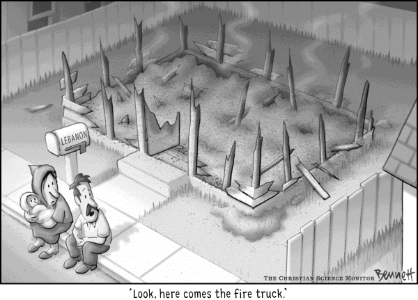Editorial Cartoon by Clay Bennett, Christian Science Monitor on Cease-fire in Middle East