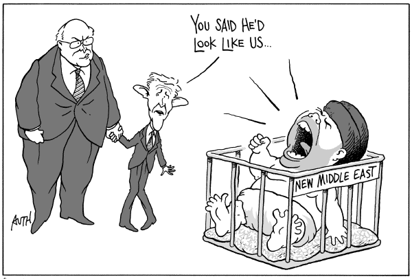 Editorial Cartoon by Tony Auth, Philadelphia Inquirer on Fragile Mideast Cease-fire Holding