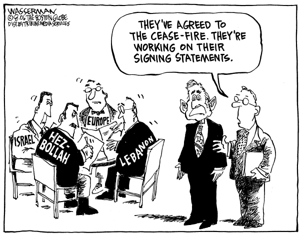 Editorial Cartoon by Dan Wasserman, Boston Globe on Cease-fire Holding in Mideast