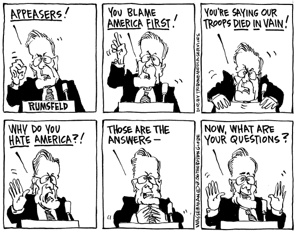 Editorial Cartoon by Dan Wasserman, Boston Globe on Rumsfeld Says Fascism a Threat