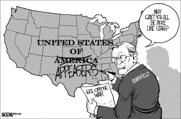 Editorial Cartoon by Drew Sheneman, Newark Star Ledger on Rumsfeld Says Fascism a Threat
