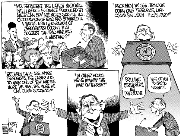 Editorial Cartoon by David Horsey, Seattle Post-Intelligencer on Iraq Key to World's Future, Bush Says