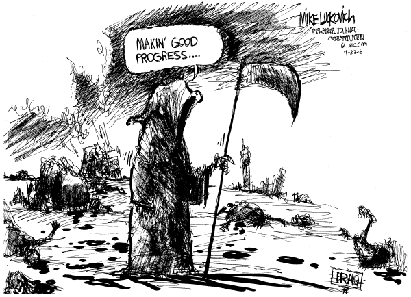 Editorial Cartoon by Mike Luckovich, Atlanta Journal-Constitution on Iraq Key to World's Future, Bush Says