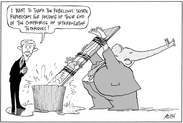 Editorial Cartoon by Tony Auth, Philadelphia Inquirer on Torture Compromise Reached