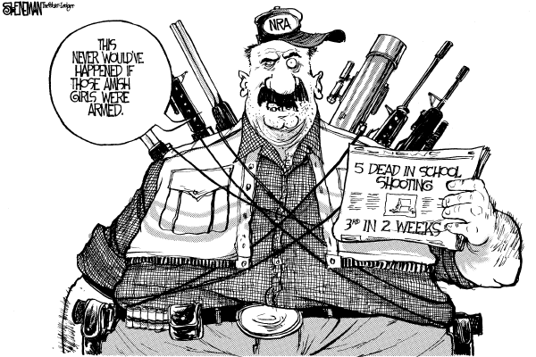 Editorial Cartoon by Drew Sheneman, Newark Star Ledger on School Shootings Kill Several