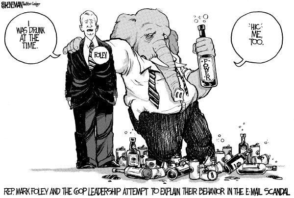 Editorial Cartoon by Drew Sheneman, Newark Star Ledger on Foley Resigns, Seeks Rehab