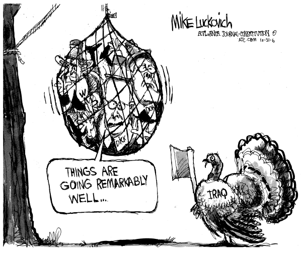 Editorial Cartoon by Mike Luckovich, Atlanta Journal-Constitution on US Winning in Iraq, Bush Says