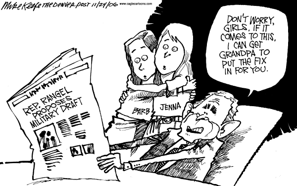 Editorial Cartoon by Mike Keefe, Denver Post on Rangel Promotes Military Draft