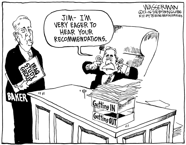 Editorial Cartoon by Dan Wasserman, Boston Globe on Baker Report: New Course in Iraq