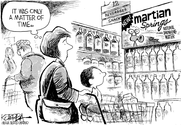 Editorial Cartoon by Jeff Koterba, Omaha World-Herald on Water Discovered on Mars