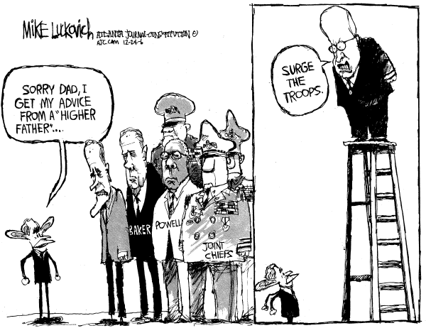Editorial Cartoon by Mike Luckovich, Atlanta Journal-Constitution on Bush Pushes Troop Surge