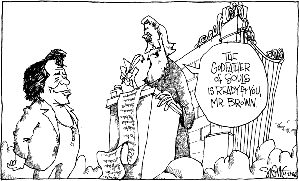Editorial Cartoon by Signe Wilkinson, Philadelphia Daily News on Two Famous Americans Die