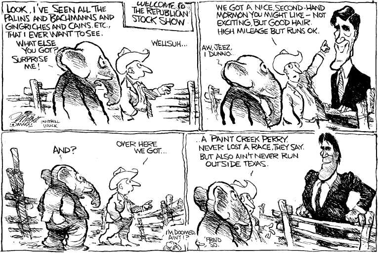 Political/Editorial Cartoon by Pat Oliphant, Universal Press Syndicate on GOP Presidential Race Tightens