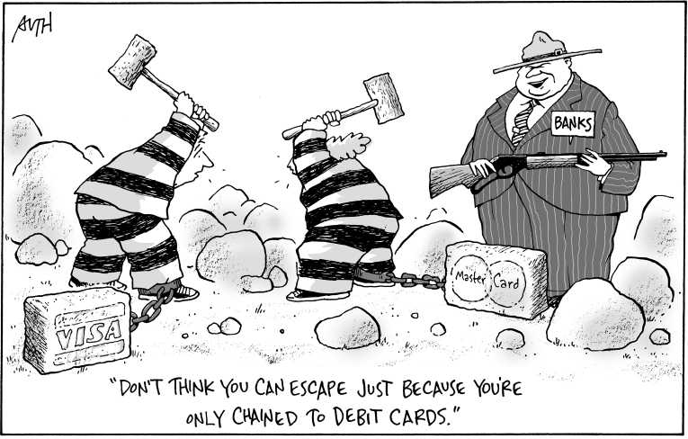 Political/Editorial Cartoon by Tony Auth, Philadelphia Inquirer on Banks Fire Back